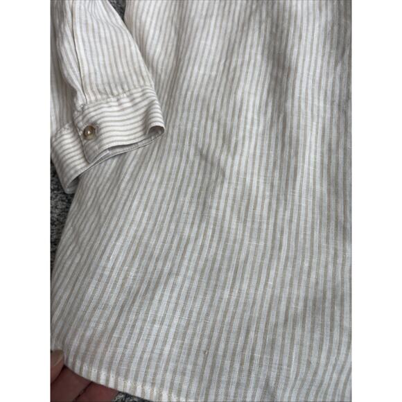 Chico’s No-iron Button-up Linen Roll Sleeve Blouse Size 2 Large Tan White Stripe - Picture 2 of 9